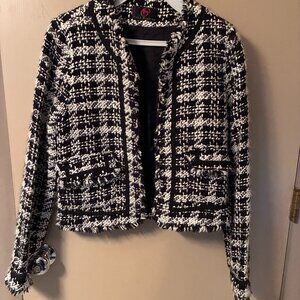 True Meaning Houndstooth Tweed Fringe BLAZER / JACKET Lined, Black & White , S